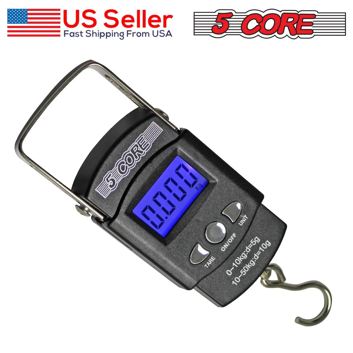 5 Core Fish Scale 110 LBS 50 KG Luggage Handheld Portable Electronic Balance Digital Fishing Postal Hanging Hook Scale with 2 AAA Batteries Built-in Measuring Tape Backlight LCD Display