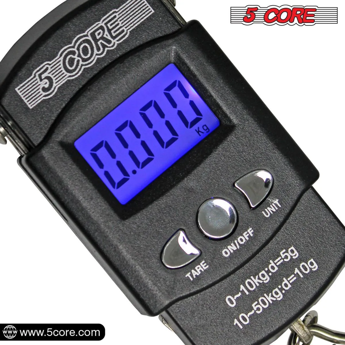 5 Core Fish Scale 110 LBS 50 KG Luggage Handheld Portable Electronic Balance Digital Fishing Postal Hanging Hook Scale with 2 AAA Batteries Built-in Measuring Tape Backlight LCD Display