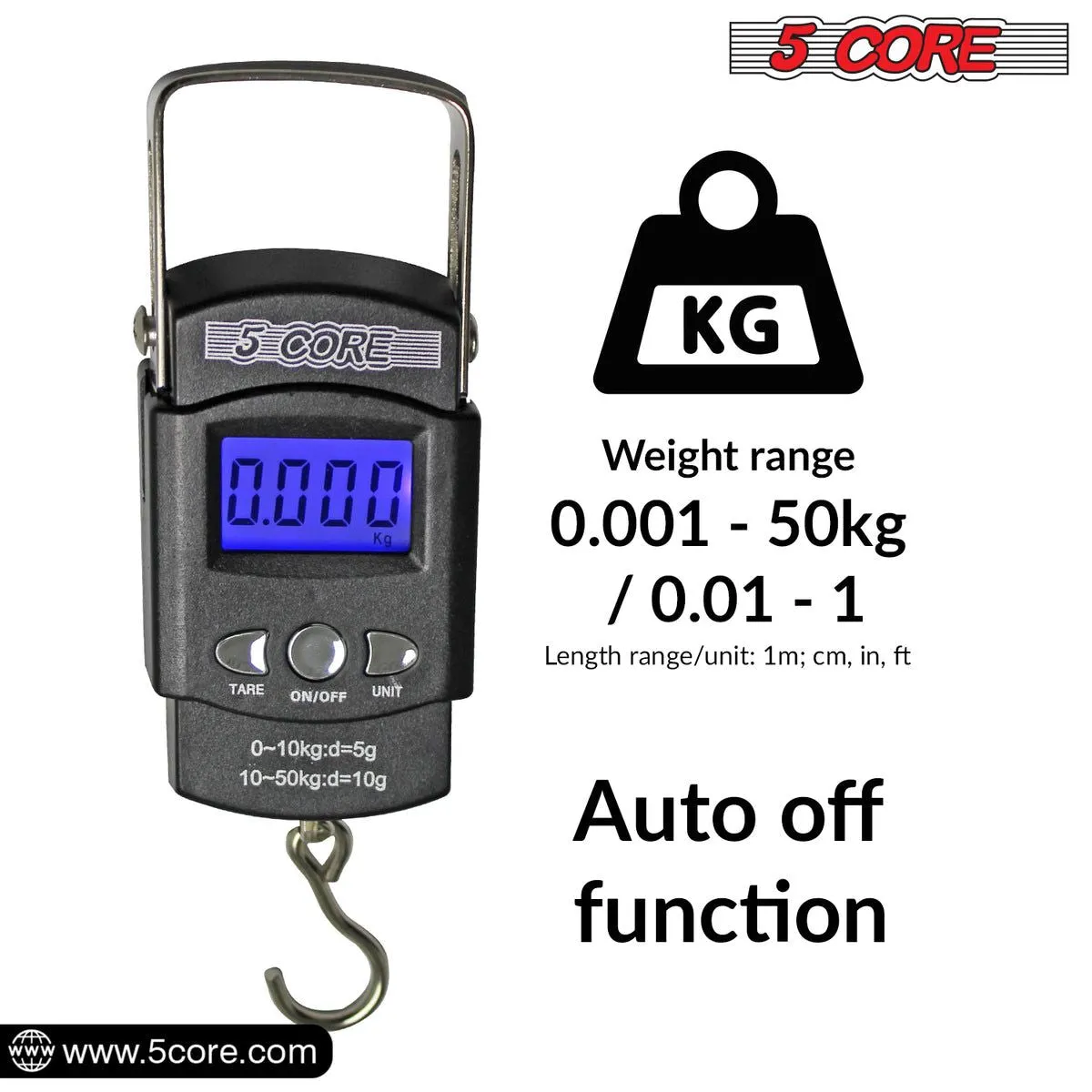 5 Core Fish Scale 110 LBS 50 KG Luggage Handheld Portable Electronic Balance Digital Fishing Postal Hanging Hook Scale with 2 AAA Batteries Built-in Measuring Tape Backlight LCD Display