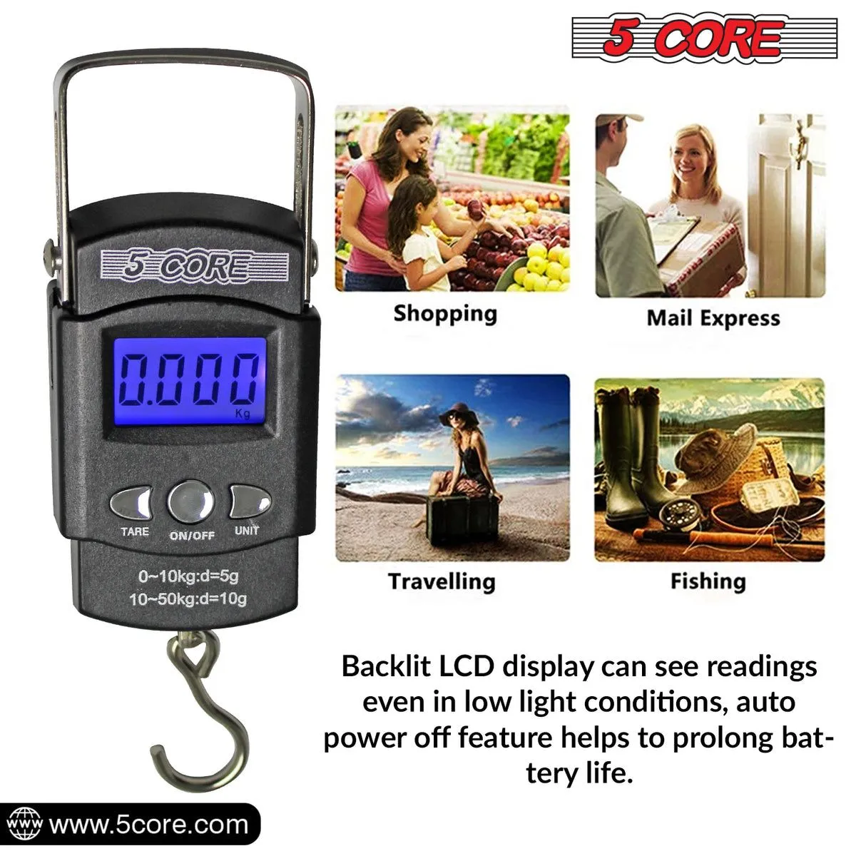 5 Core Fish Scale 110 LBS 50 KG Luggage Handheld Portable Electronic Balance Digital Fishing Postal Hanging Hook Scale with 2 AAA Batteries Built-in Measuring Tape Backlight LCD Display