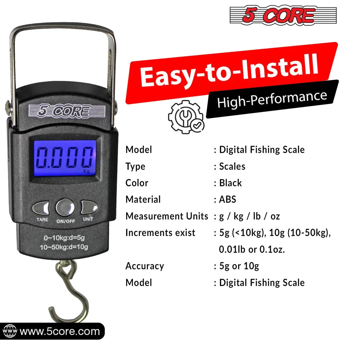 5 Core Fish Scale 110 LBS 50 KG Luggage Handheld Portable Electronic Balance Digital Fishing Postal Hanging Hook Scale with 2 AAA Batteries Built-in Measuring Tape Backlight LCD Display