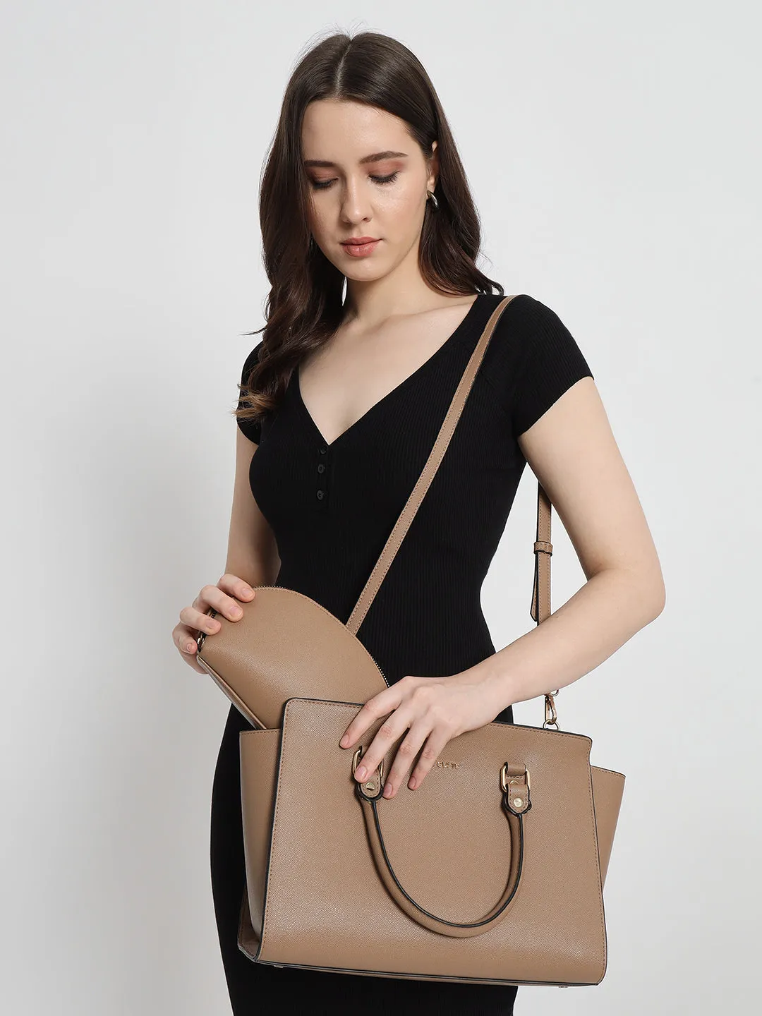 Elora Satchel Sling - Beige   Pouch Combo