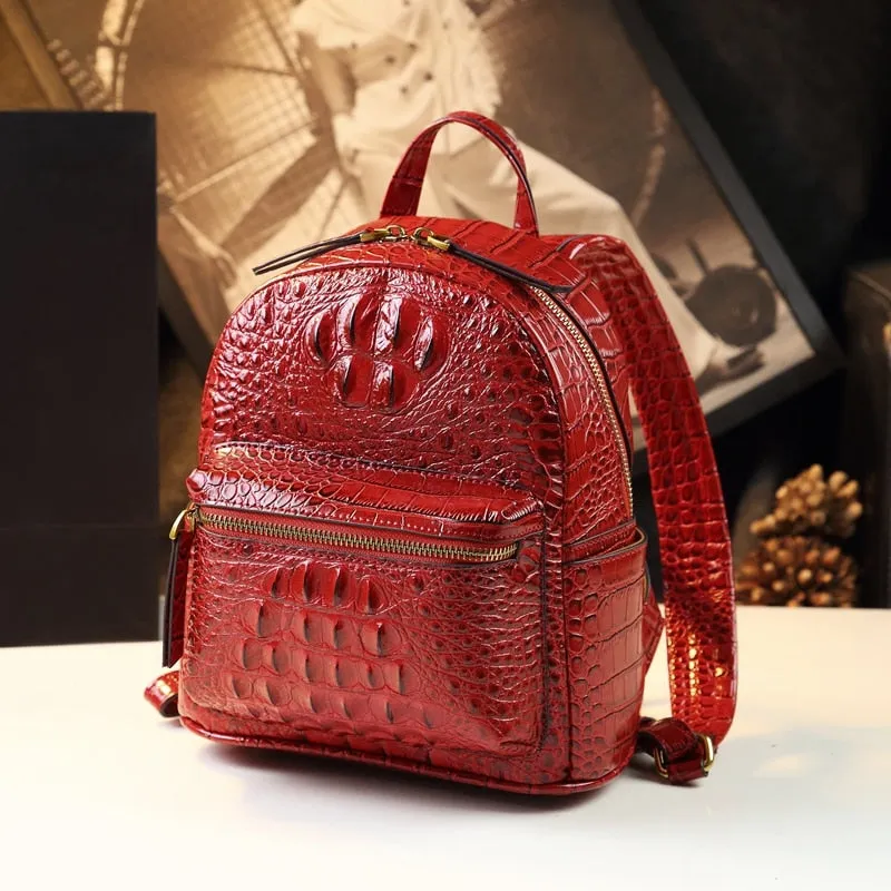 Genuine Leather Crocodile Pattern Women Luxury Casual Small Shoulder Portable Bag Travel Backpacks