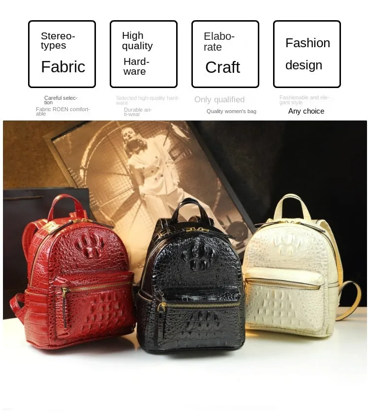 Genuine Leather Crocodile Pattern Women Luxury Casual Small Shoulder Portable Bag Travel Backpacks