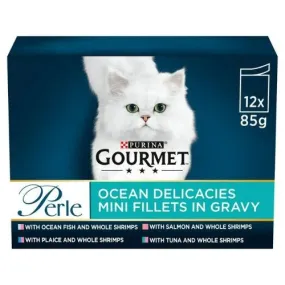 Gourmet Perle Ocean Delicacies Mini Fillets in Gravy Cat Food Pouches 12x85g