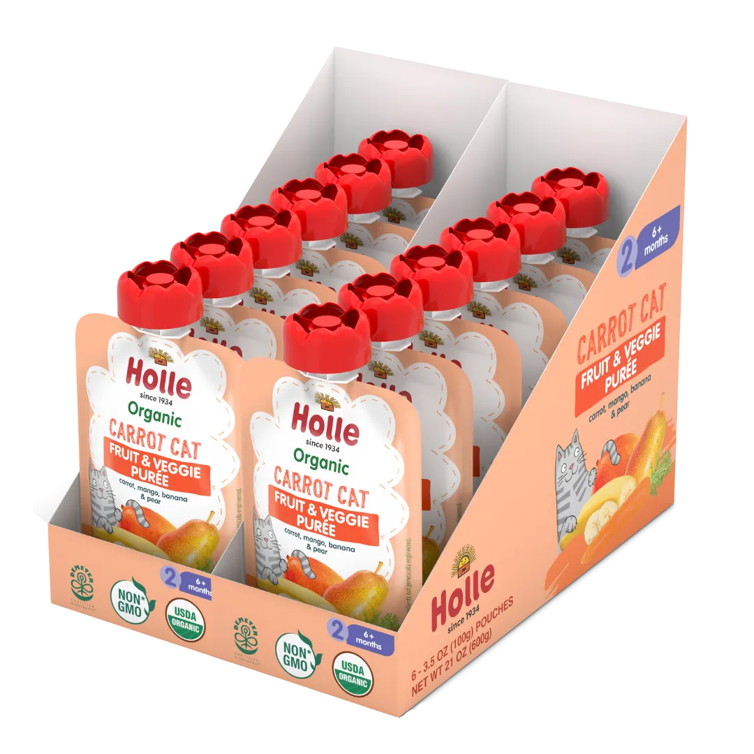 Holle Baby Food Pouches - Organic Fruit & Veggie Puree - Carrot Cat (USA Version)