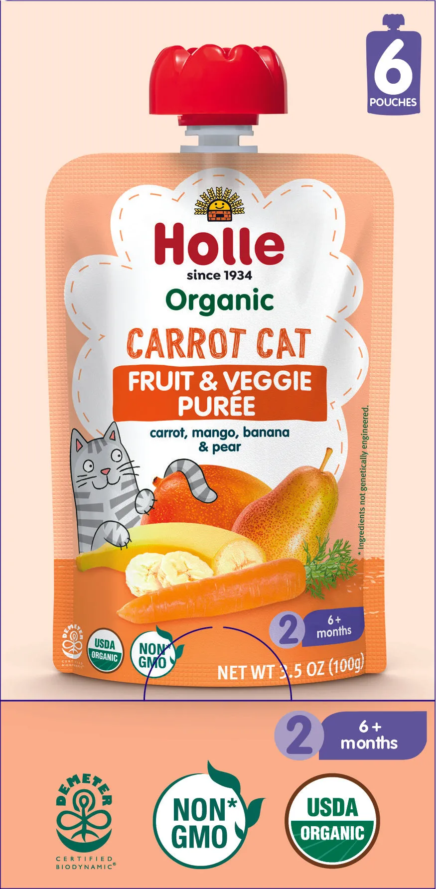 Holle Baby Food Pouches - Organic Fruit & Veggie Puree - Carrot Cat (USA Version)