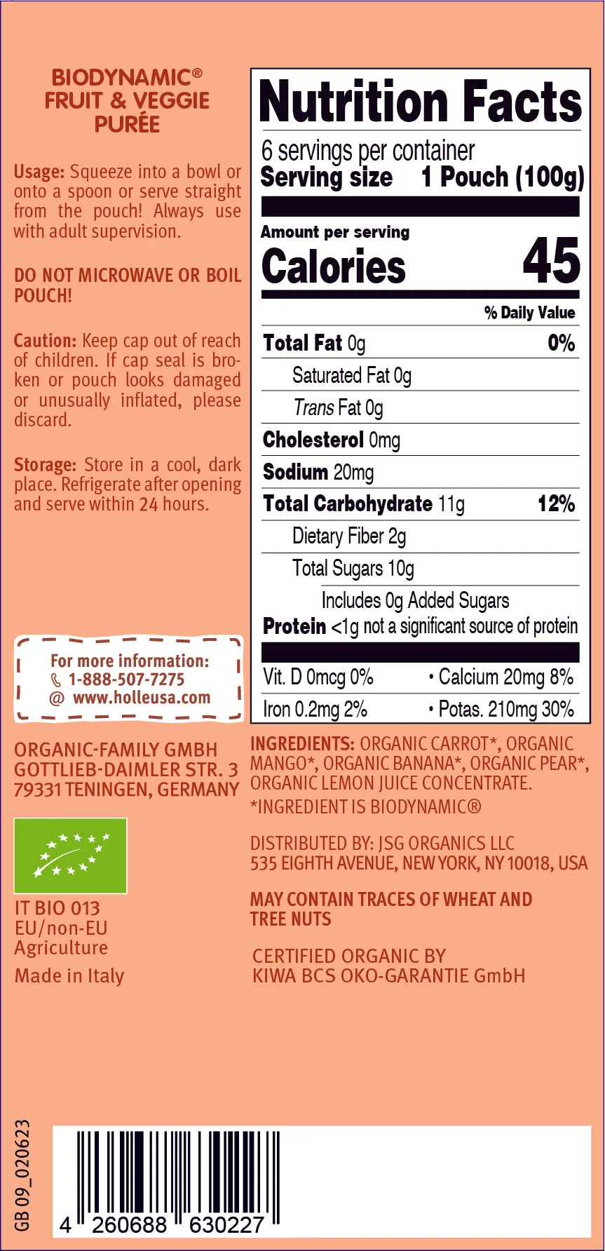 Holle Baby Food Pouches - Organic Fruit & Veggie Puree - Carrot Cat (USA Version)