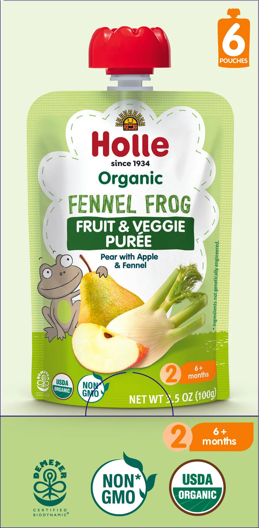 Holle Baby Food Pouches - Organic Fruit & Veggie Puree - Fennel Frog (USA Version)