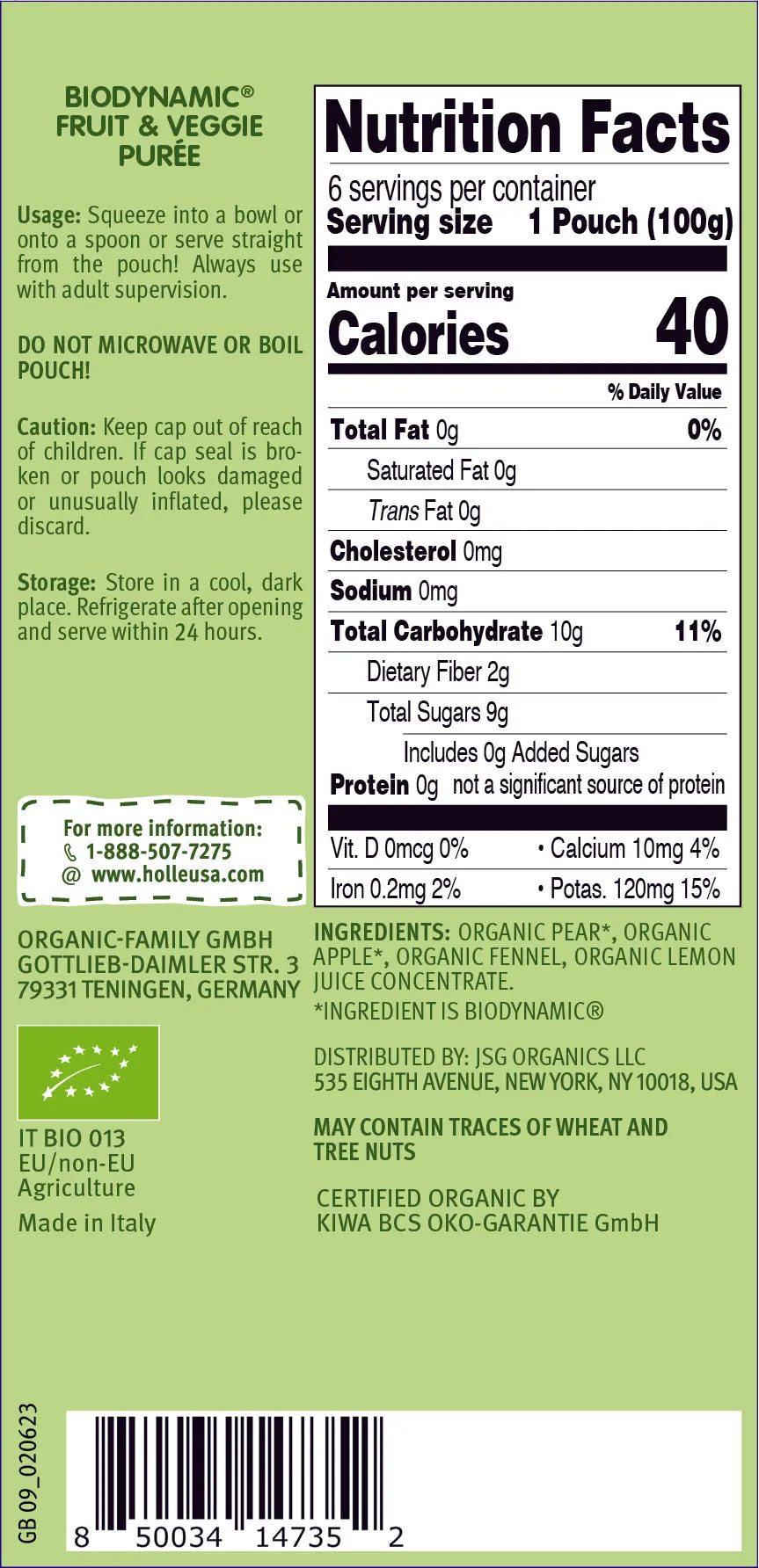 Holle Baby Food Pouches - Organic Fruit & Veggie Puree - Fennel Frog (USA Version)