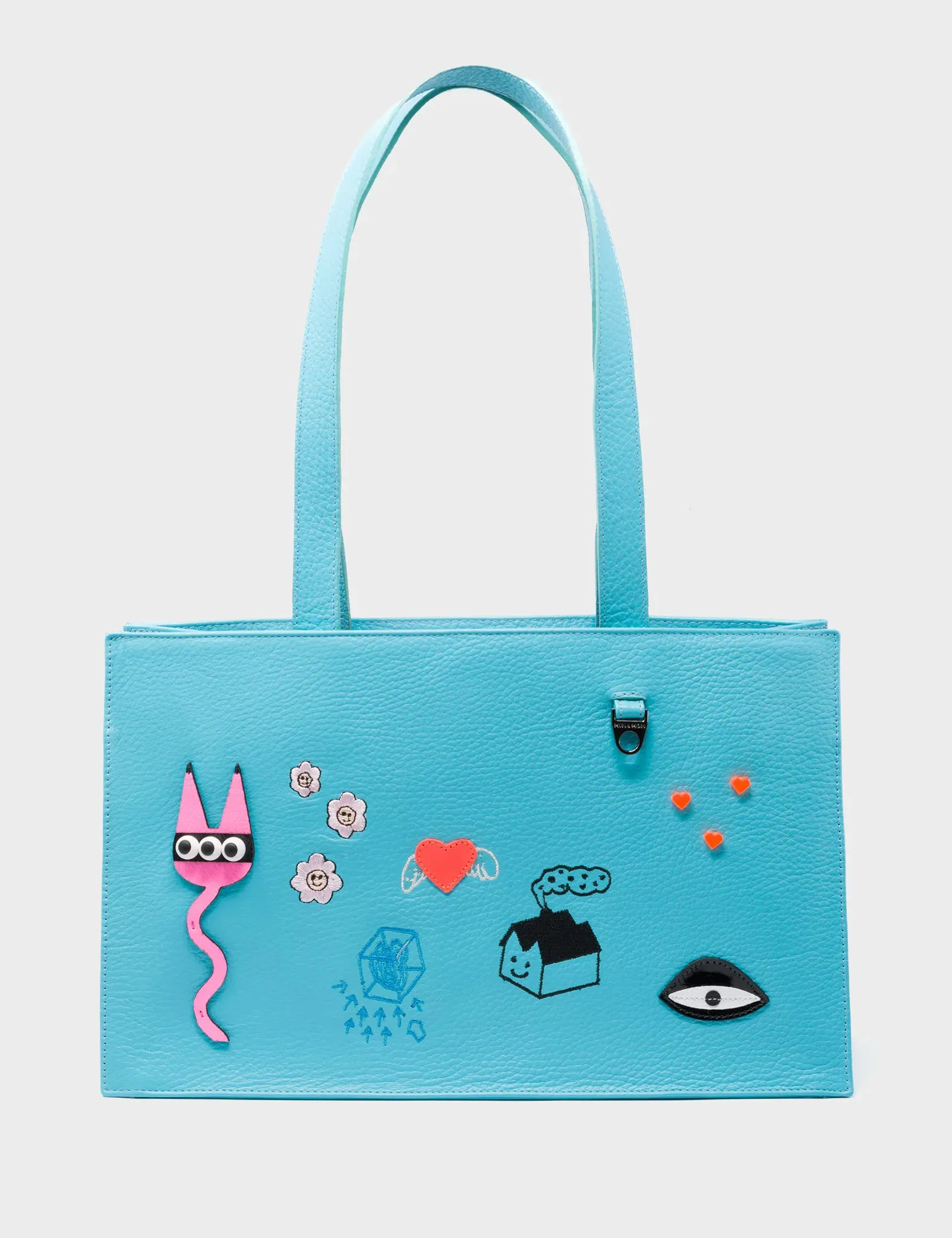 Marko Small Cyan Blue Leather Tote Bag - Urban Doodles Applique