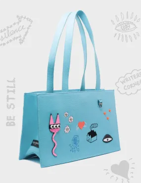 Marko Small Cyan Blue Leather Tote Bag - Urban Doodles Applique