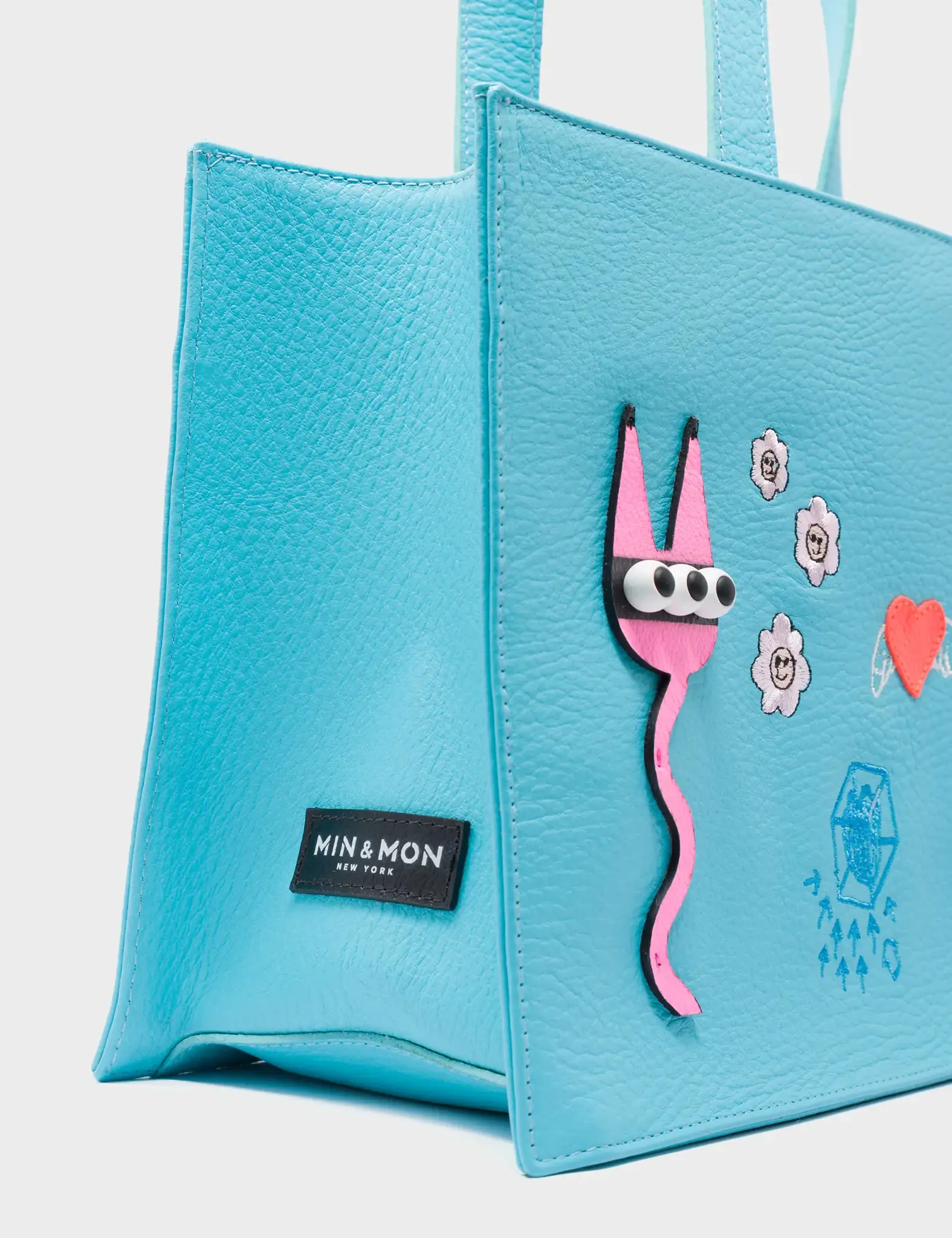 Marko Small Cyan Blue Leather Tote Bag - Urban Doodles Applique