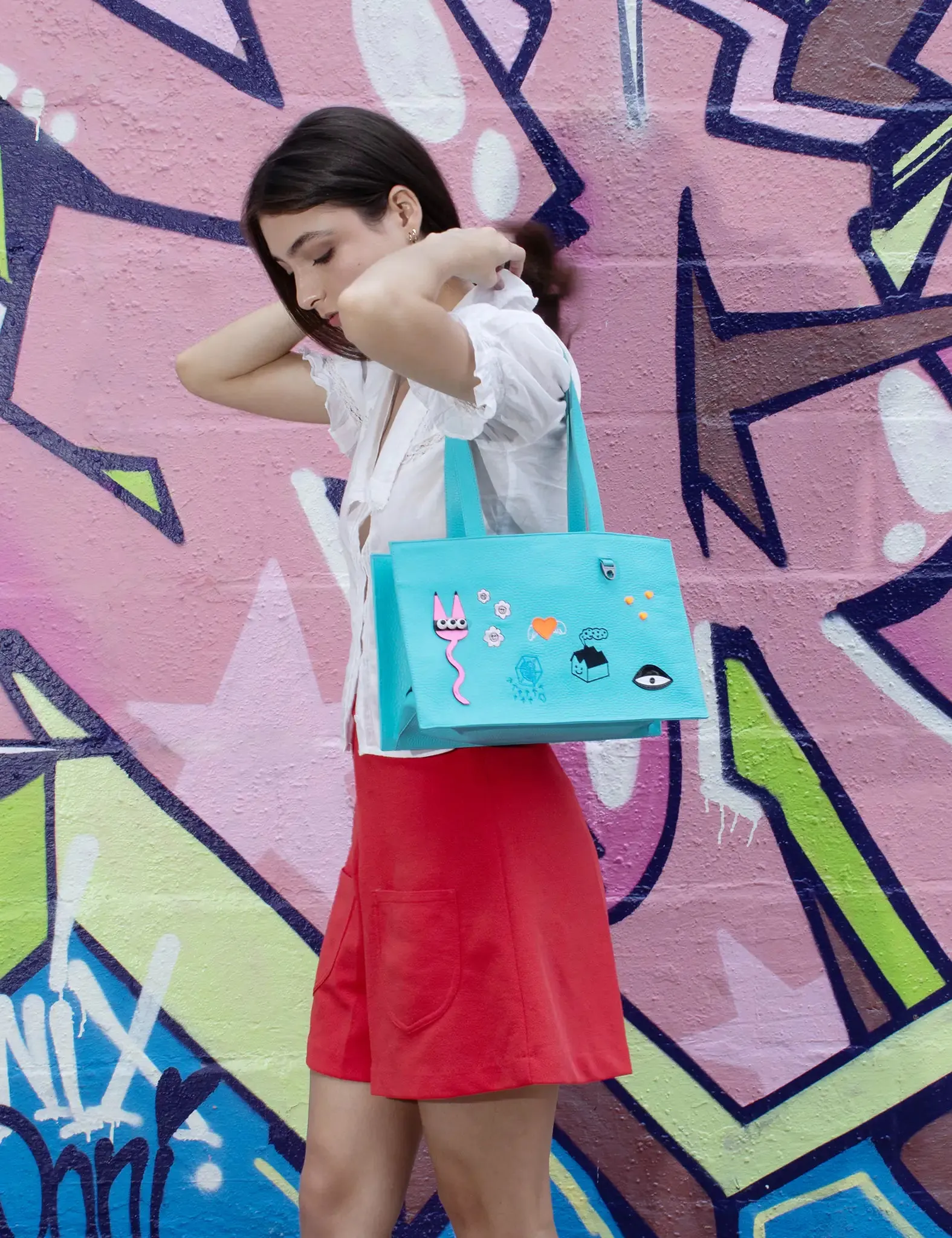 Marko Small Cyan Blue Leather Tote Bag - Urban Doodles Applique