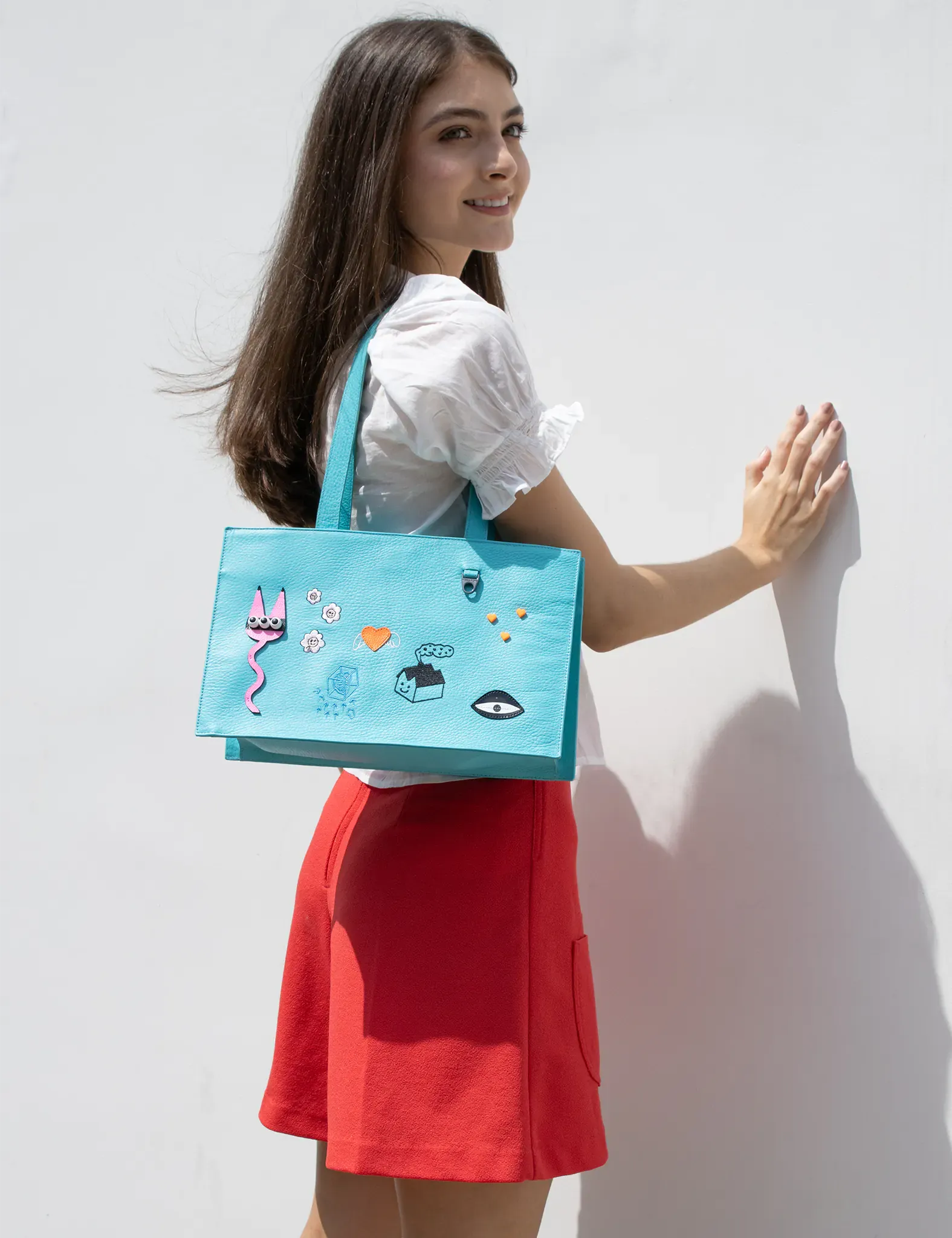 Marko Small Cyan Blue Leather Tote Bag - Urban Doodles Applique