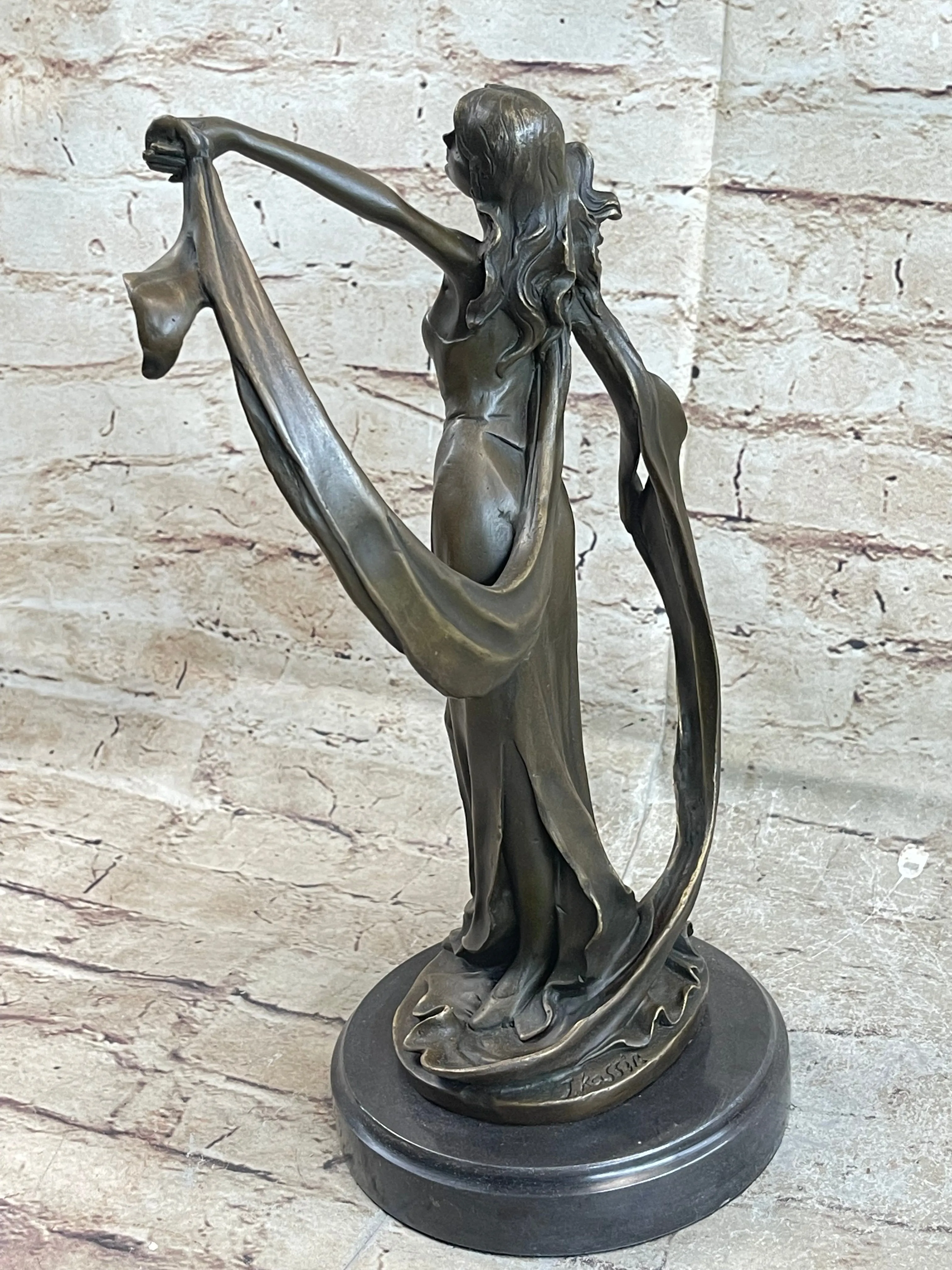 Signed Original Kassin Ribbon Goddess With Long Gown Bronze Sculpture