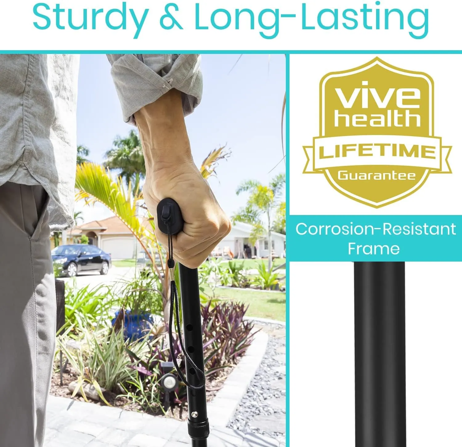 Vive Foldable Walking Cane for Men, Women - Collapsible, Lightweight, Adjustable, Portable Hand Walking Stick - Balancing Mobility Aid - Sleek, Comfortable T Handles (Black)