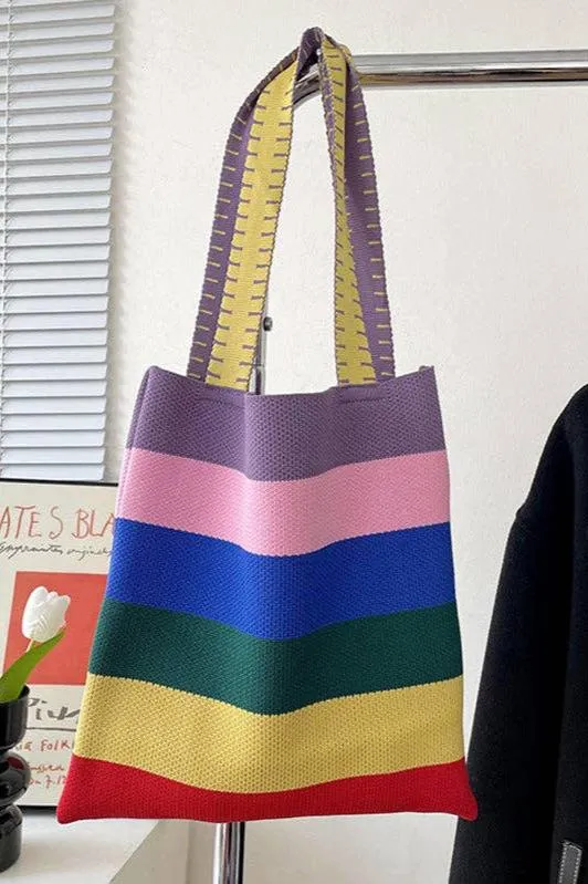 Weave Contrast Rainbow Striped Tote Bag