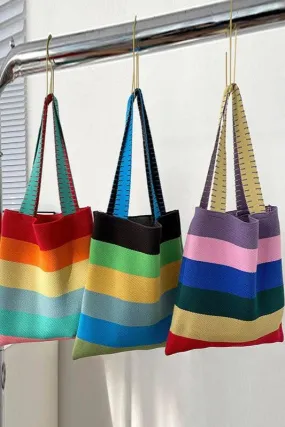 Weave Contrast Rainbow Striped Tote Bag