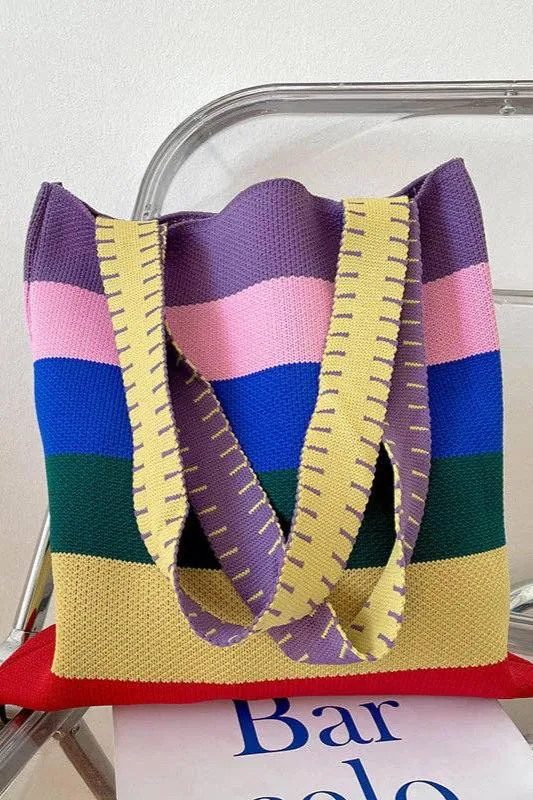 Weave Contrast Rainbow Striped Tote Bag