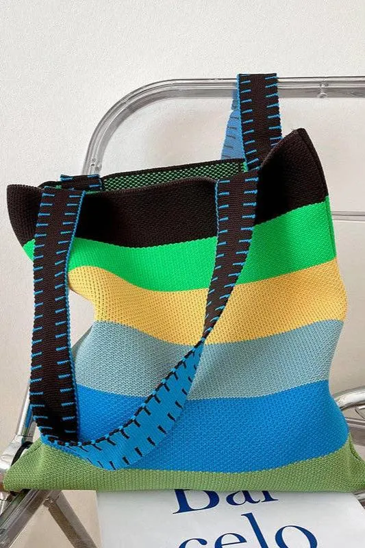 Weave Contrast Rainbow Striped Tote Bag