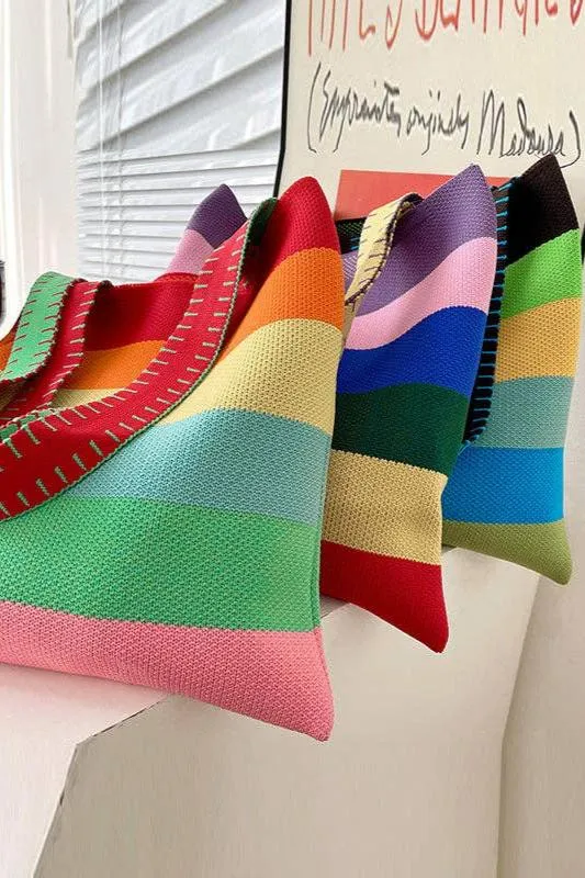 Weave Contrast Rainbow Striped Tote Bag