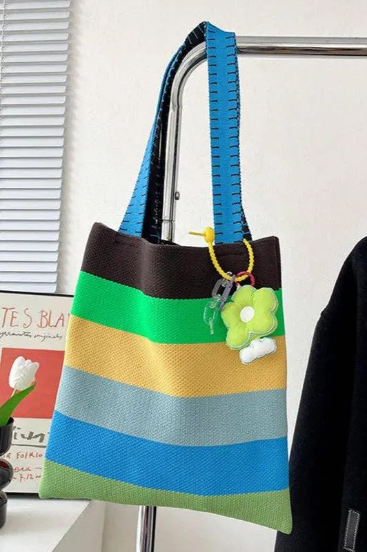 Weave Contrast Rainbow Striped Tote Bag