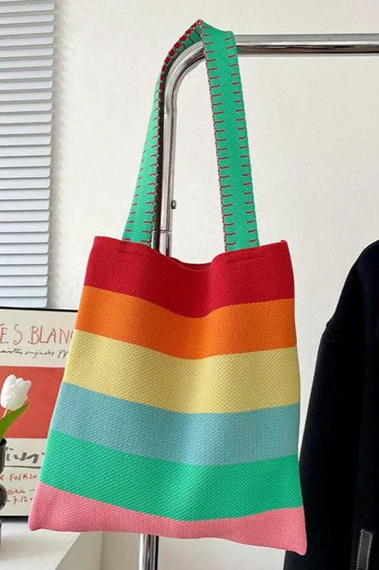 Weave Contrast Rainbow Striped Tote Bag