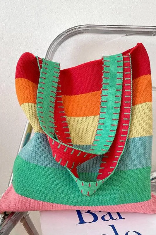 Weave Contrast Rainbow Striped Tote Bag